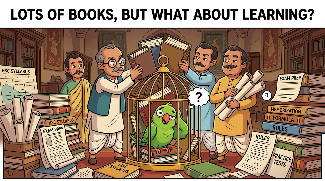 The Parrot’s Tale educational satire showing a parrot surrounded by books