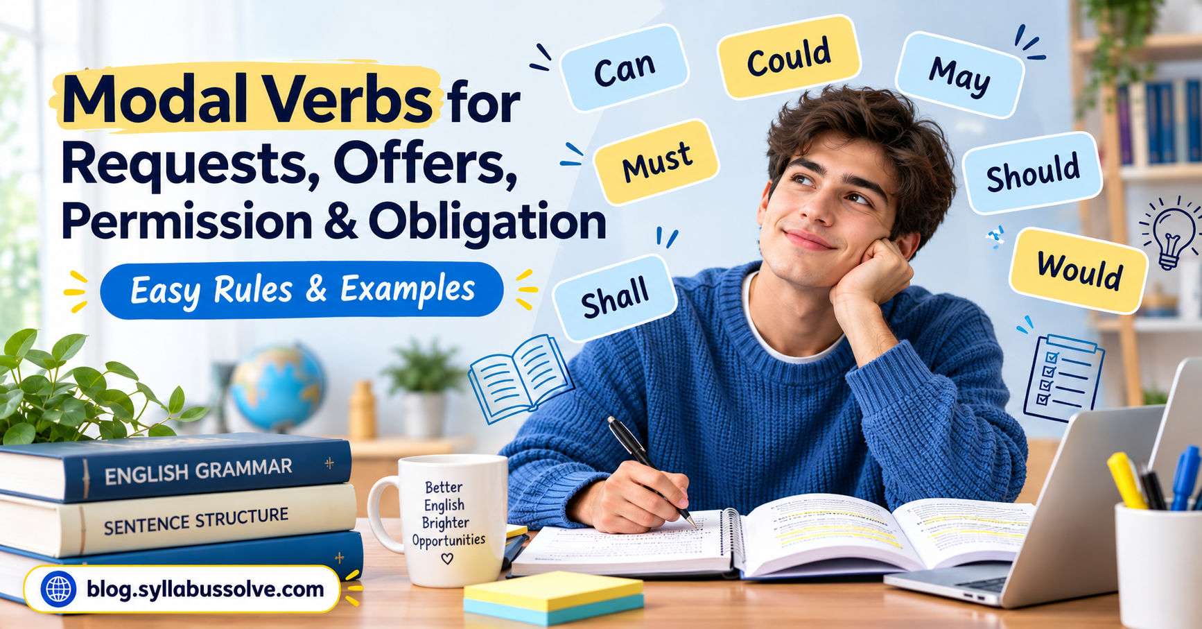 Modal verbs for requests, offers, permission and obligation with easy English grammar rules, examples and a male student studying.